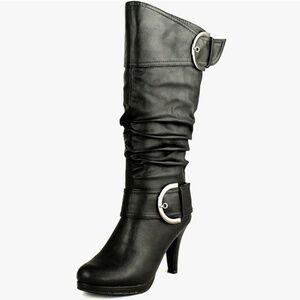 NEW - TOP Moda Page-22 Knee High Round Toe Buckle Slouched Heeled Boots - Size 6